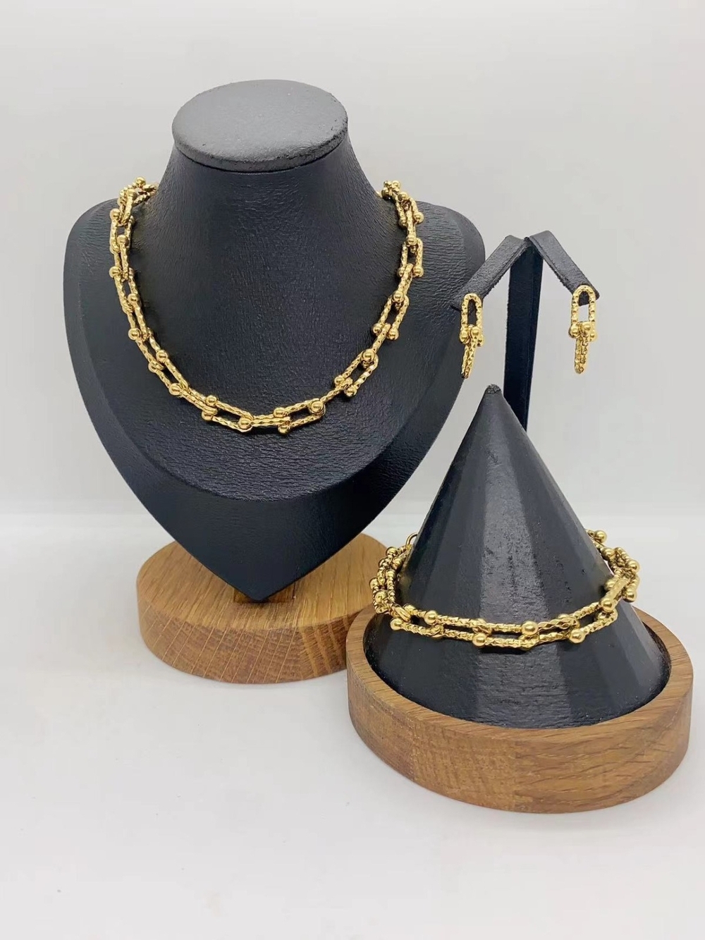 Gold Link Chain Necklace Set with Matching Bracelet & Earrings